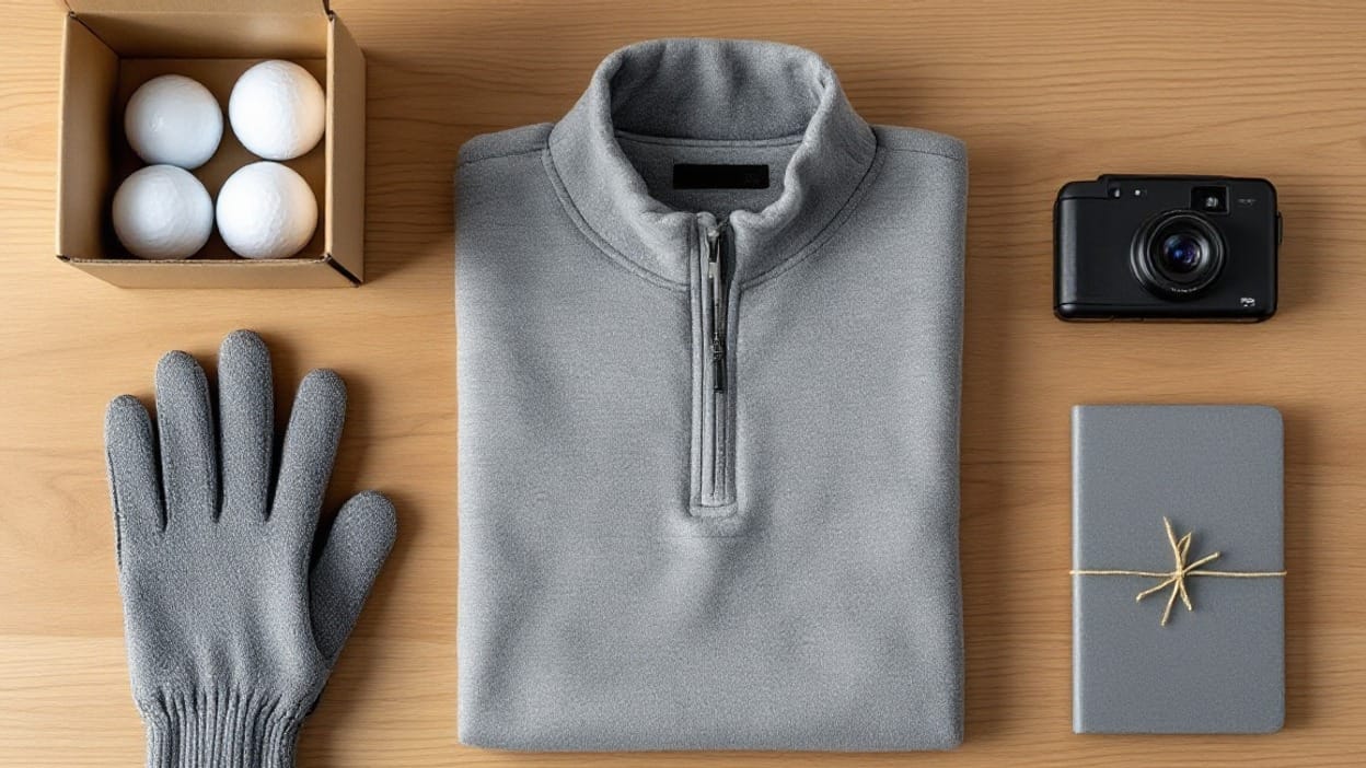 Overhead flat lay of golf gift items (a box of golf balls, a golf glove, a folded gray quarter-zip pullover, a compact rangefinder, and a small tied notebook) arranged on a wood table.