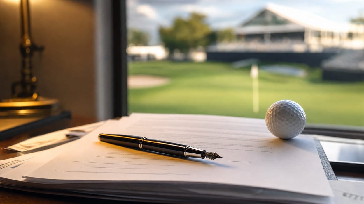Signed contract and golf ball on a desk with a blurred tournament clubhouse behind, illustrating LIV Golf's new lead investor.