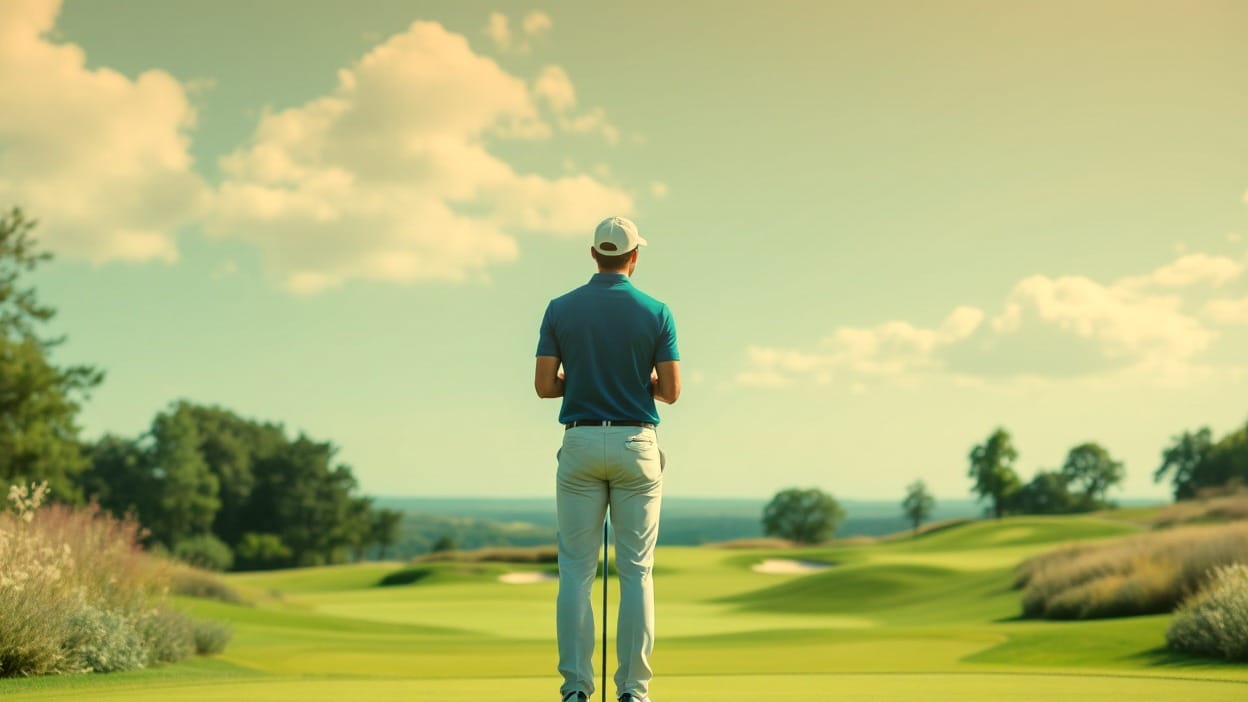 A golfer seen from behind stands at an elevated par 3 tee, studying a green guarded by bunkers on both sides across a stretch of rough at golden hour.