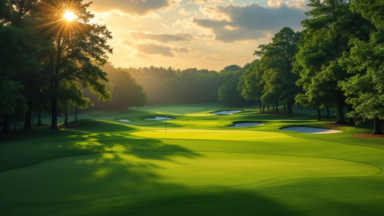 A wide open fairway leads to a golf green tightly ringed by four bunkers, flagstick standing, morning sun breaking through trees at a parkland golf course.