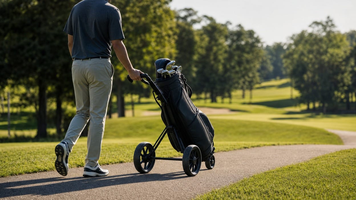 A golfer walking a fairway path pushing a three-wheel golf push cart in bright morning light.