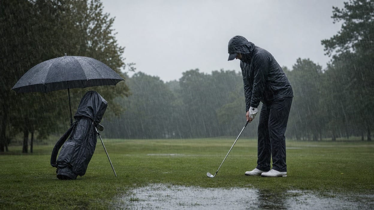 Golfer in a rain jacket and hood hitting a wedge shot on a waterlogged fairway, with a rain-hooded golf bag and open umbrella beside them