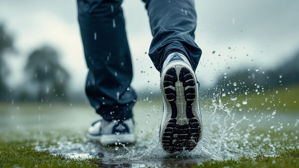 A golfer walking a rain-soaked fairway in dark waterproof rain pants, water splashing from the trailing shoe under a storm-grey sky.