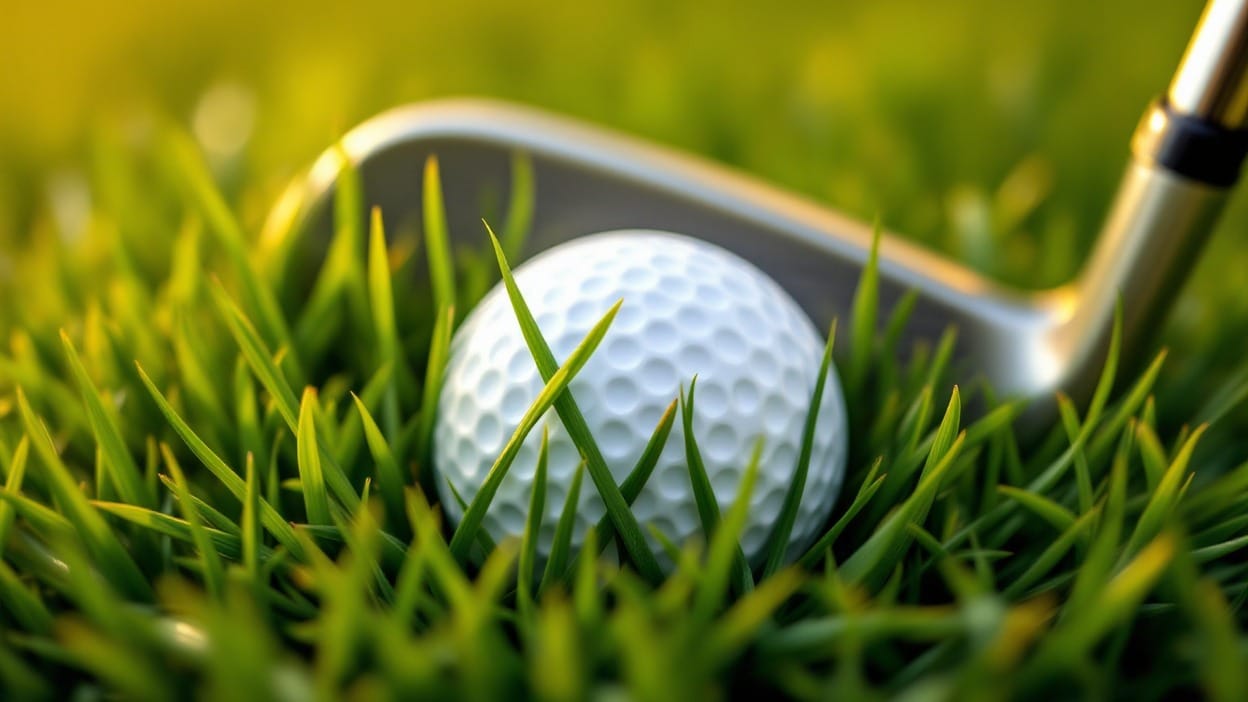 A golf ball buried in thick green rough with a wedge clubhead addressed just behind it in warm golden-hour light.