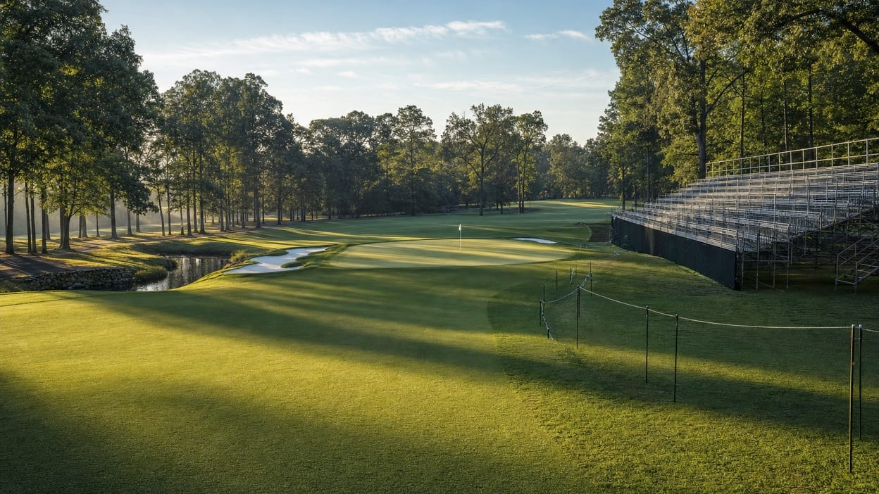 A conceptual illustration of a golf course fairway leading toward a clubhouse at sunset.