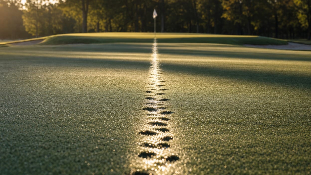 A single straight line of footprints and divot marks through dew-covered fairway grass, leading to a solitary flagstick on a raised green at sunrise.