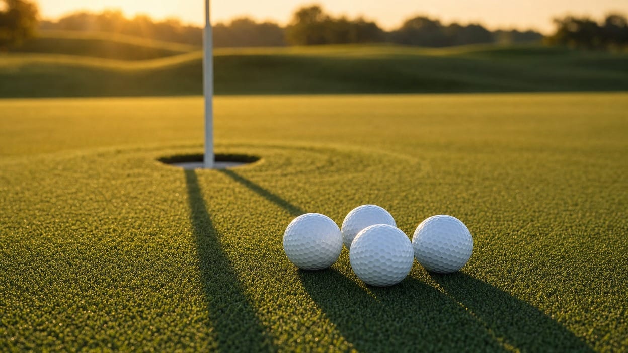 Four golf balls clustered at the edge of the cup on a sunlit green, flagstick casting a long shadow, symbolizing a five-way tie for the lead.