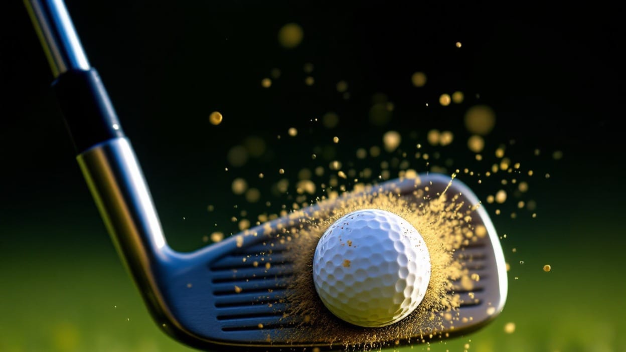A golf ball compresses against the sweet spot of an iron clubface at the instant of impact, dust flying off, while the hosel and shaft blur out of focus behind it.