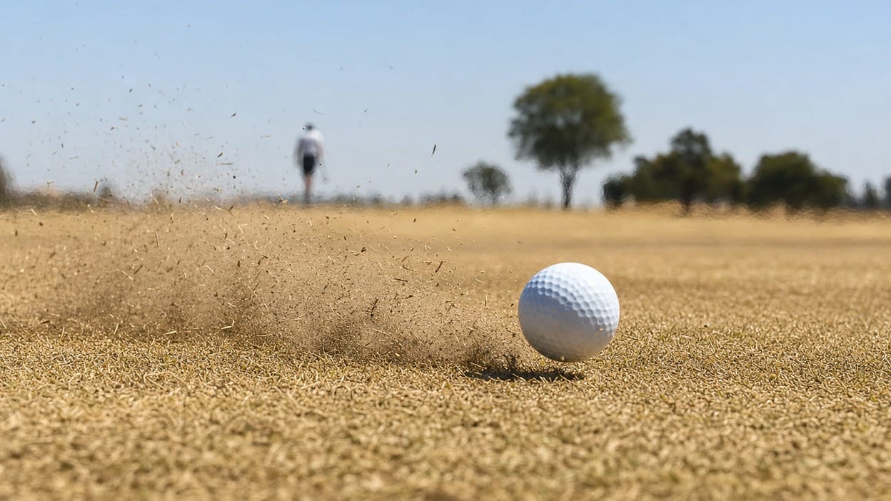 A golfer walking a sun-baked fairway in bright summer heat.