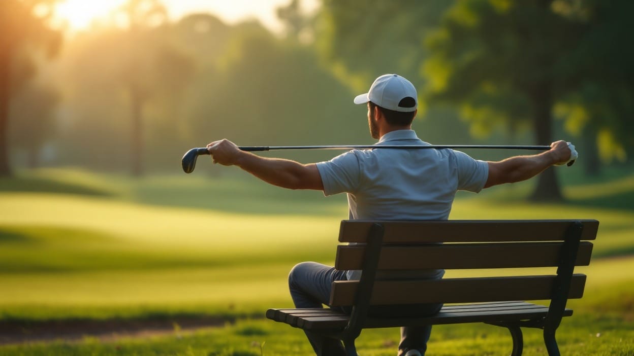 A golfer seen from behind sits on a course side bench holding a golf club across both shoulders while rotating the torso, checking rotation range before a round.