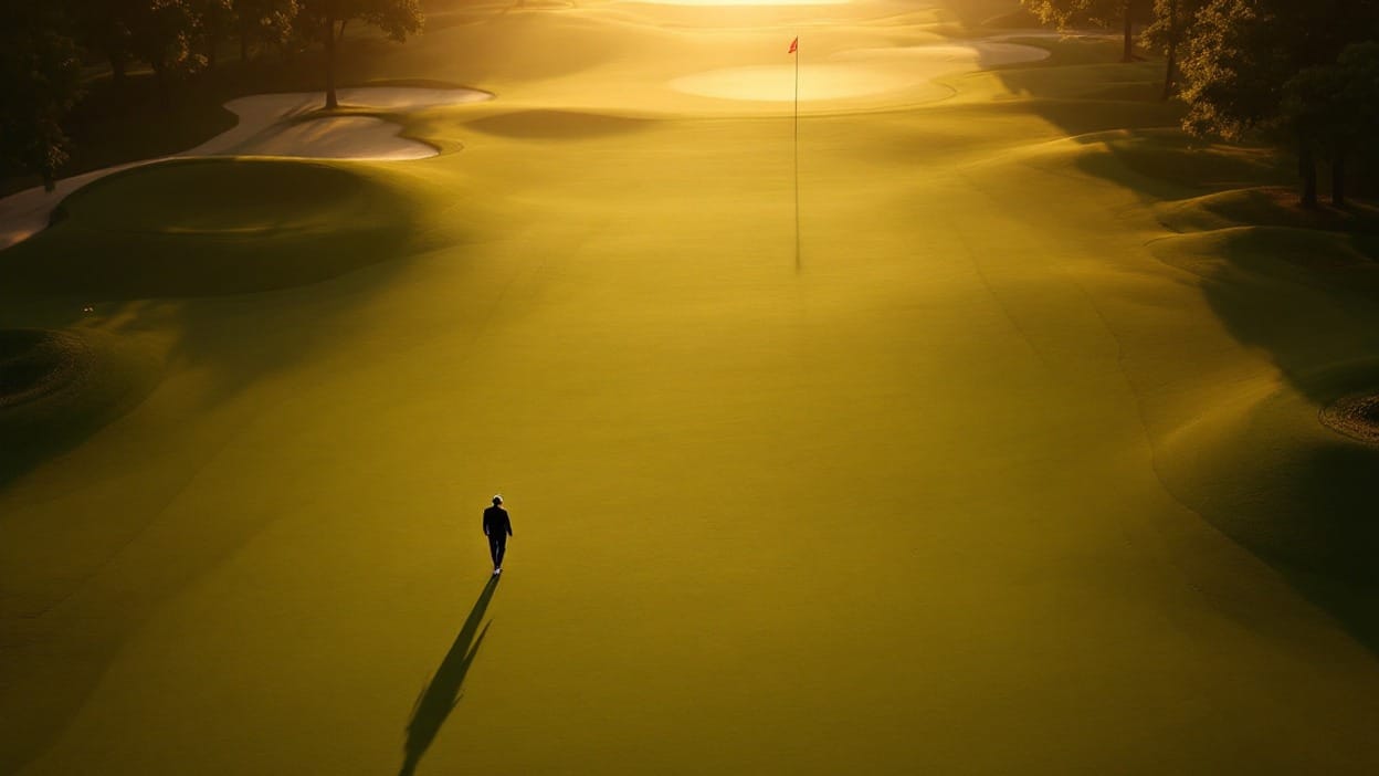An aerial view of a lone golfer in silhouette walking toward a flagstick on a golf green at golden hour, casting one long dramatic shadow across the fairway.