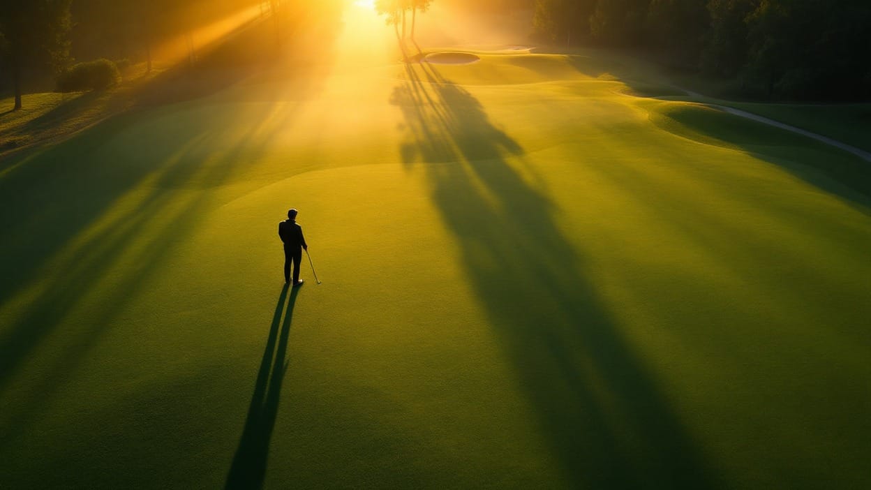 Aerial view of a lone golfer's silhouette crossing a fairway at East Lake Golf Club during TOUR Championship Round 1.