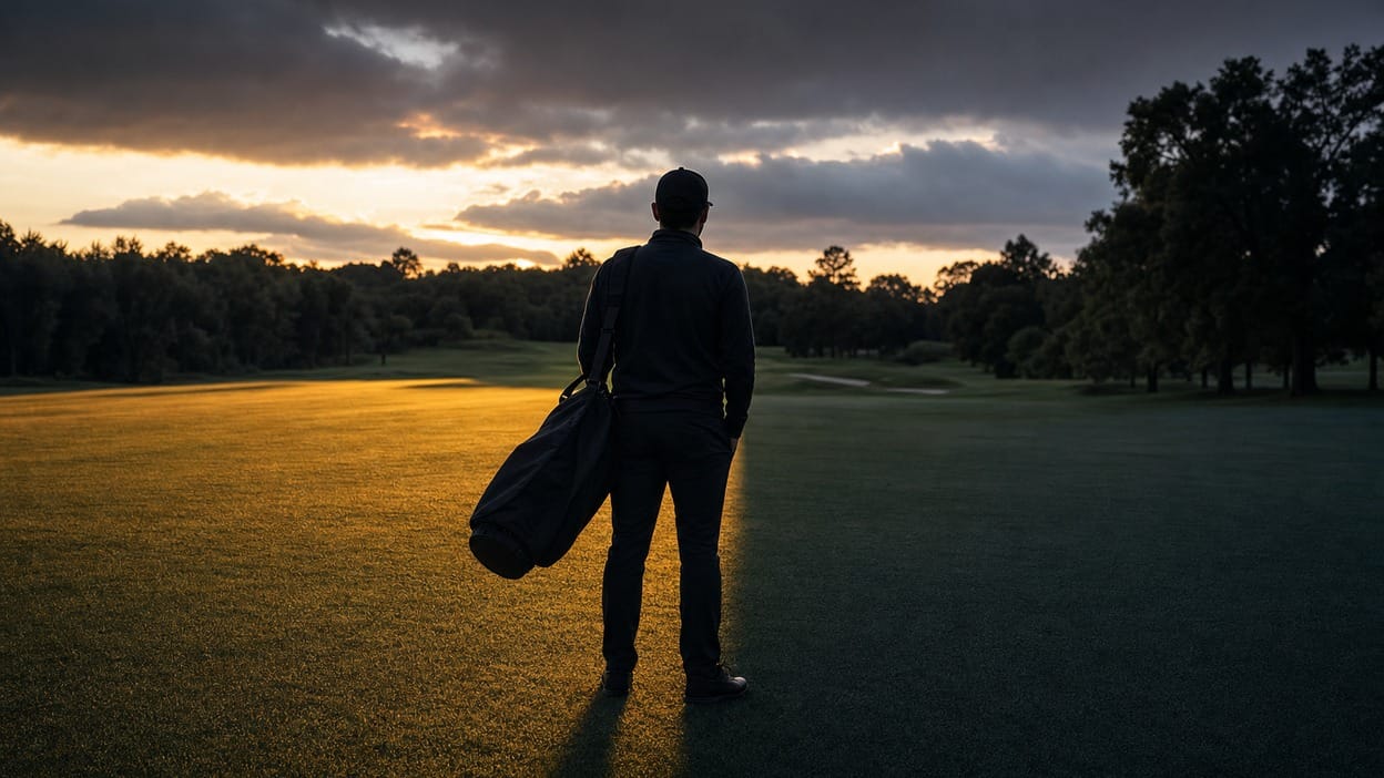 A golfer carries his bag across the fairway at dusk.