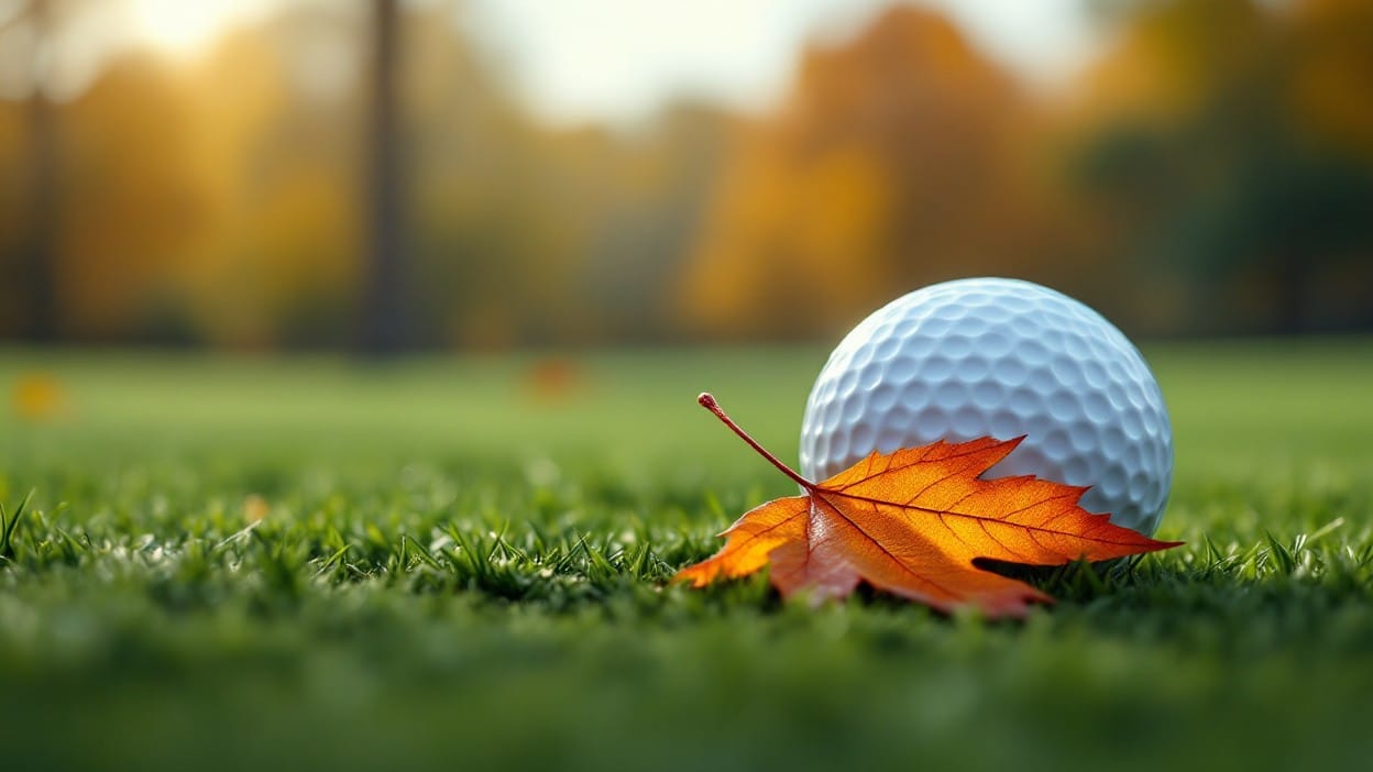 A golf ball rests in green grass beside a fallen orange autumn leaf, with a blurred fairway and golden trees in the soft background.