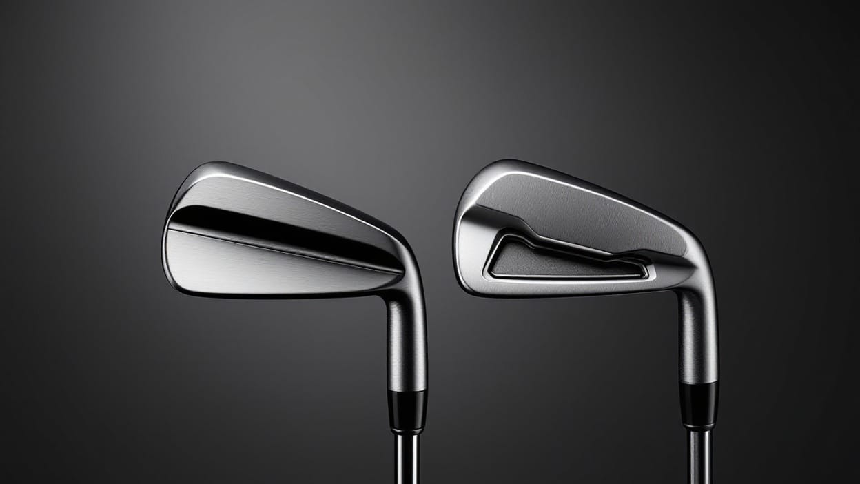 Two unbranded iron clubheads side by side: a compact solid blade design on the left, a wider cavity back with visible perimeter weighting on the right.