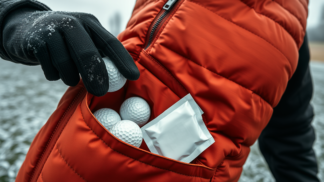 Gloved hand pulling a golf ball from a vest pocket holding spare balls and a hand warmer on a frosted fairway