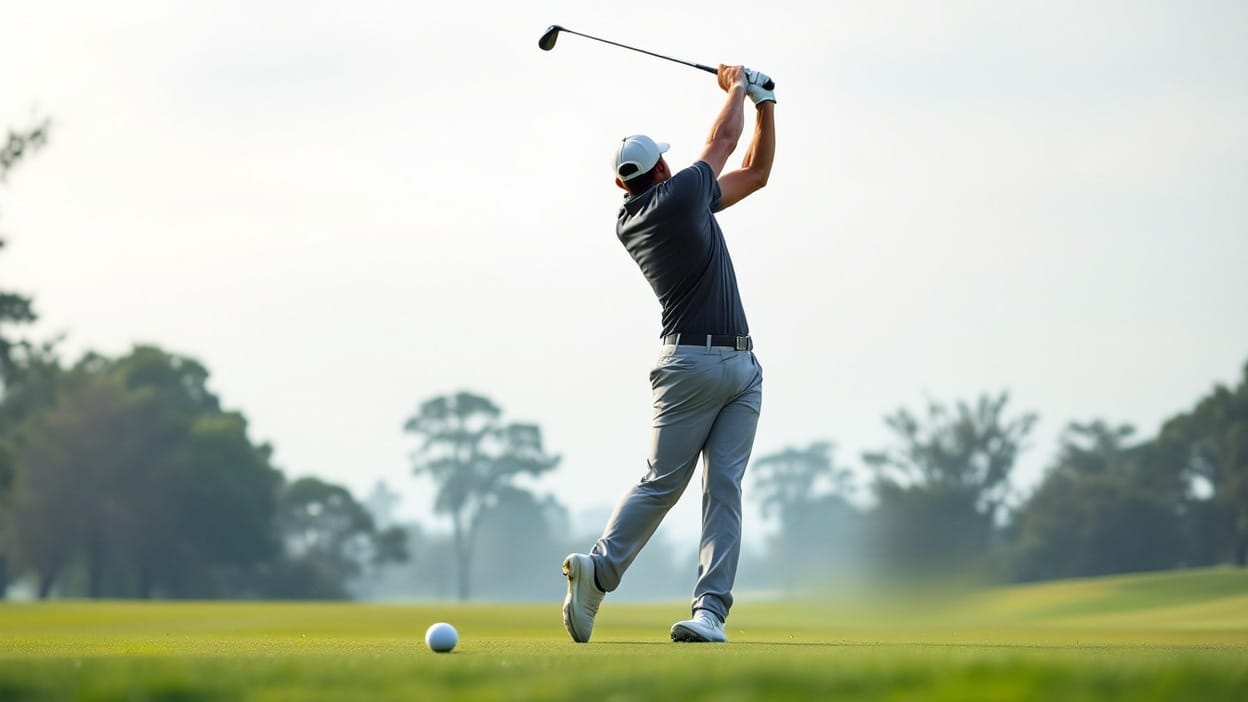A golfer seen from behind at the top of the backswing, hips already turned toward the target while the shoulders and club still trail, showing the separation that starts a correct downswing.