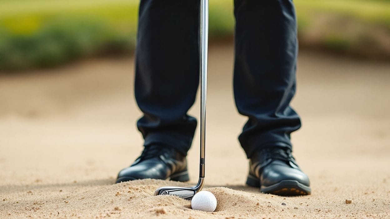 Golfer addressing a ball in a fairway bunker with a mid-iron before a recovery shot