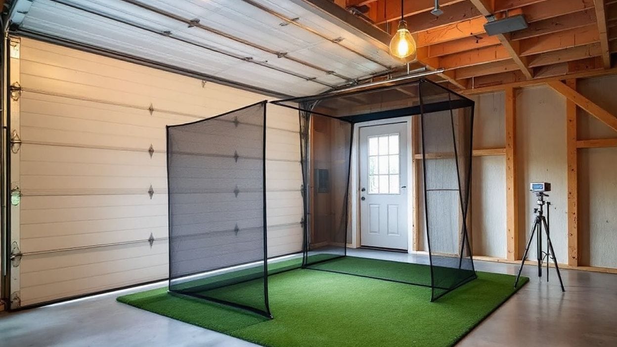 Garage converted into a golf simulator bay with a sectional garage door, exposed rafters, a pendant light, a golf net enclosure on turf over concrete, and a launch monitor on a tripod.