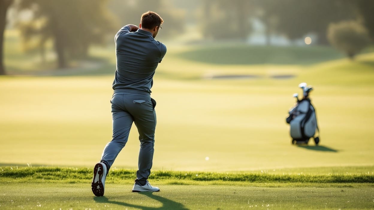 Faceless golfer mid dynamic hip-mobility leg-swing warm-up on a course fringe at early-morning light, blurred golf bag behind.