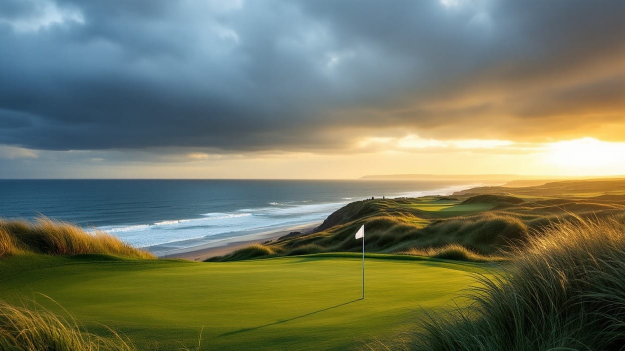 An elevated view of a links golf green on wind swept Atlantic dunes, a white flagstick on the green, cliffs and ocean beyond under a dramatic storm sky breaking to gold light.