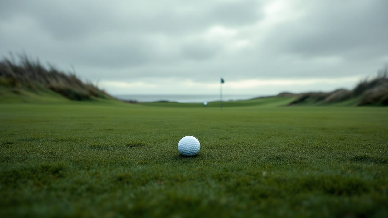 A golf ball rests alone in the foreground of a windswept coastal links fairway, a huge open gap of grass separating it from a lone distant ball near the flag, sea and moody sky beyond.