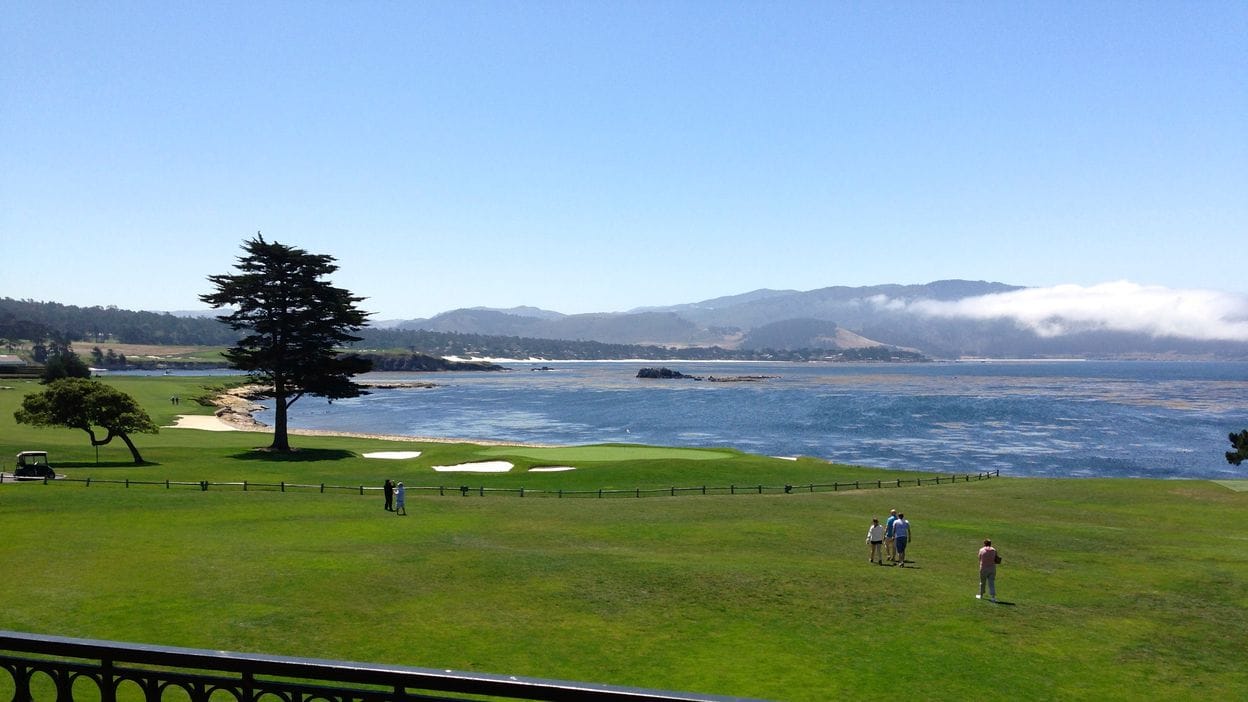 The eighteenth green at Pebble Beach Golf Links, with a lone cypress tree beside the green overlooking Carmel Bay.