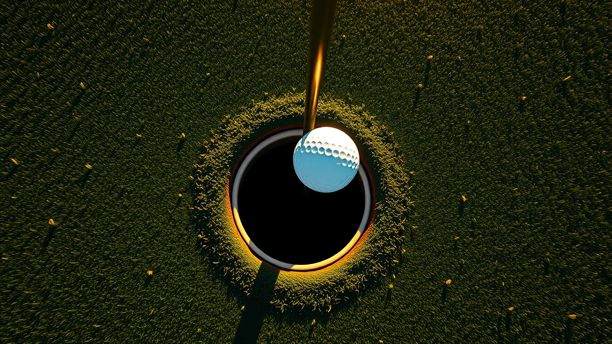 Top-down view of a golf ball dropping into the cup, caught at the rim in warm golden light.