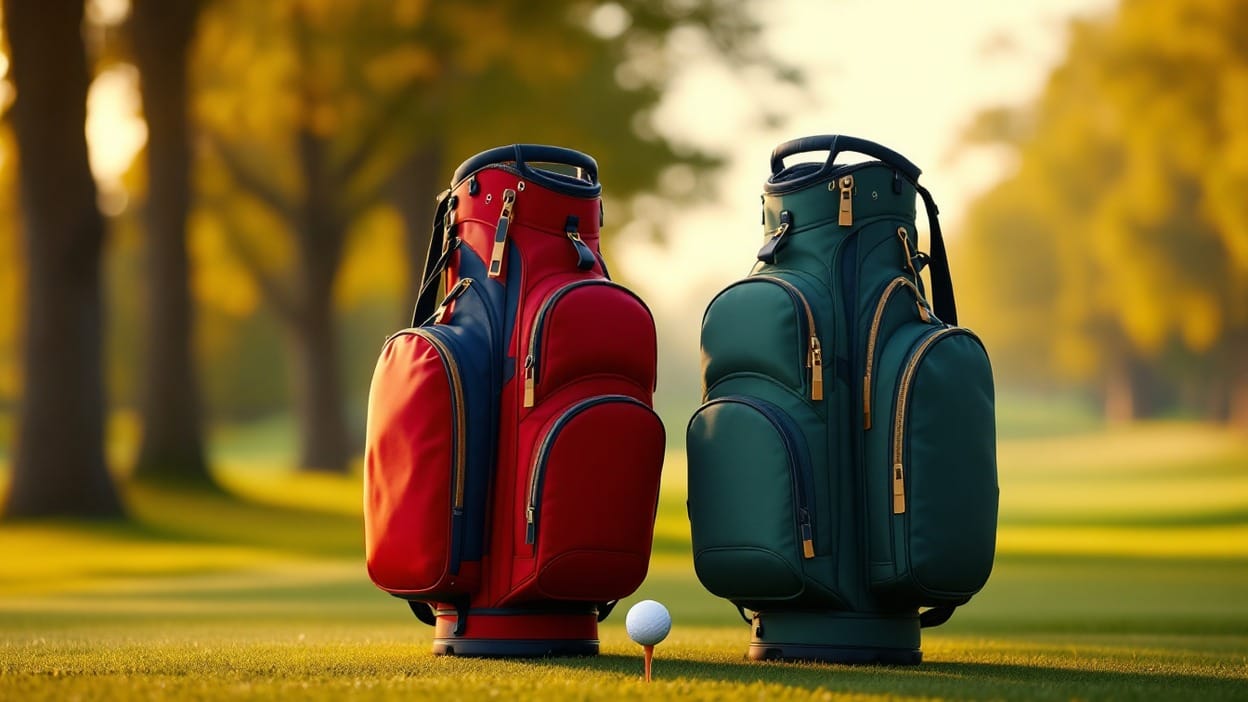 Two golf bags, red and dark green, stand side by side on a fairway facing off across a teed-up ball, symbolizing USA vs. International at the Presidents Cup.