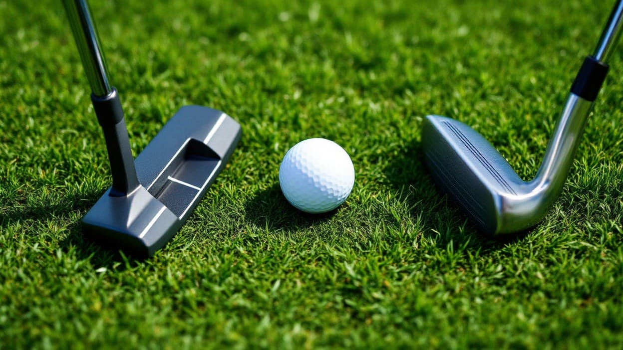 A putter and a wedge flank a golf ball on the fringe, framing the choice between putting and chipping from just off the green.