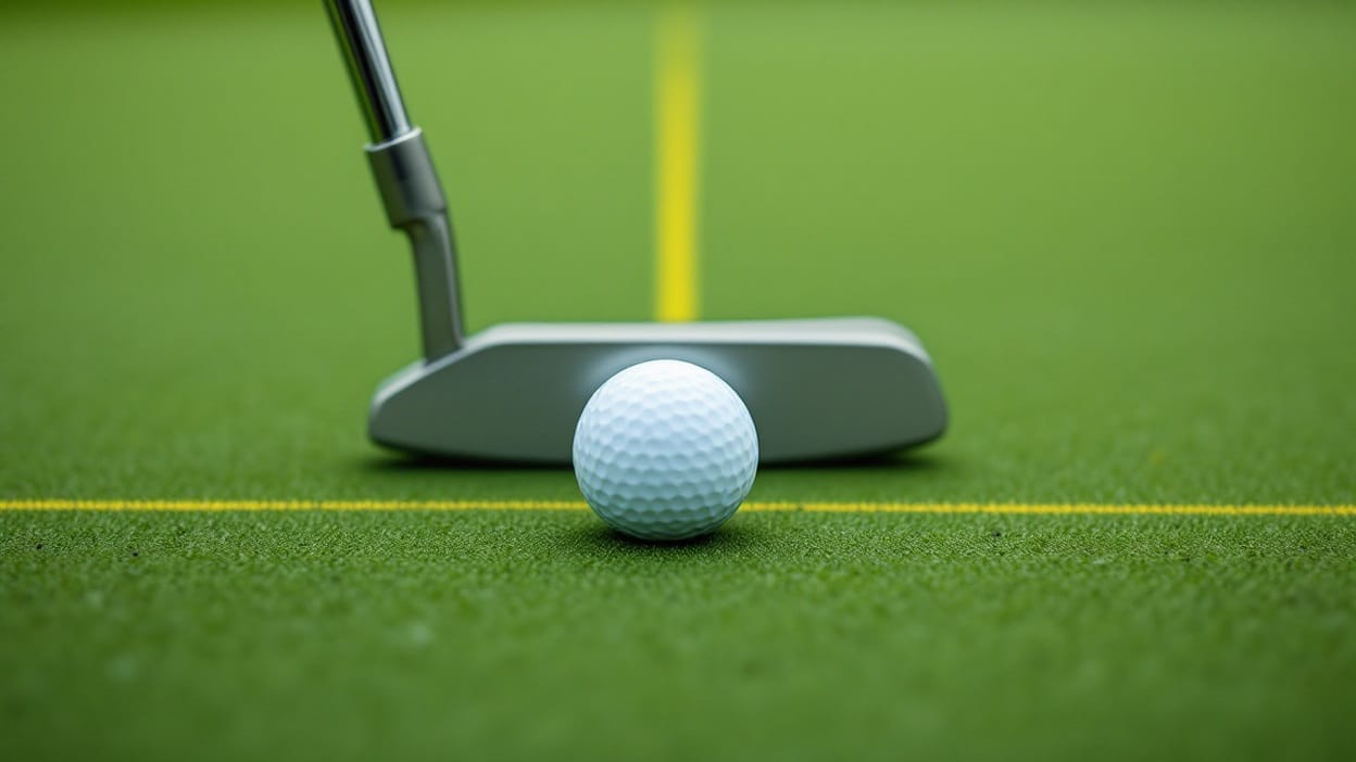 A putter face striking a golf ball at the instant of impact on a putting green, a yellow alignment guide line crossing beneath the ball.