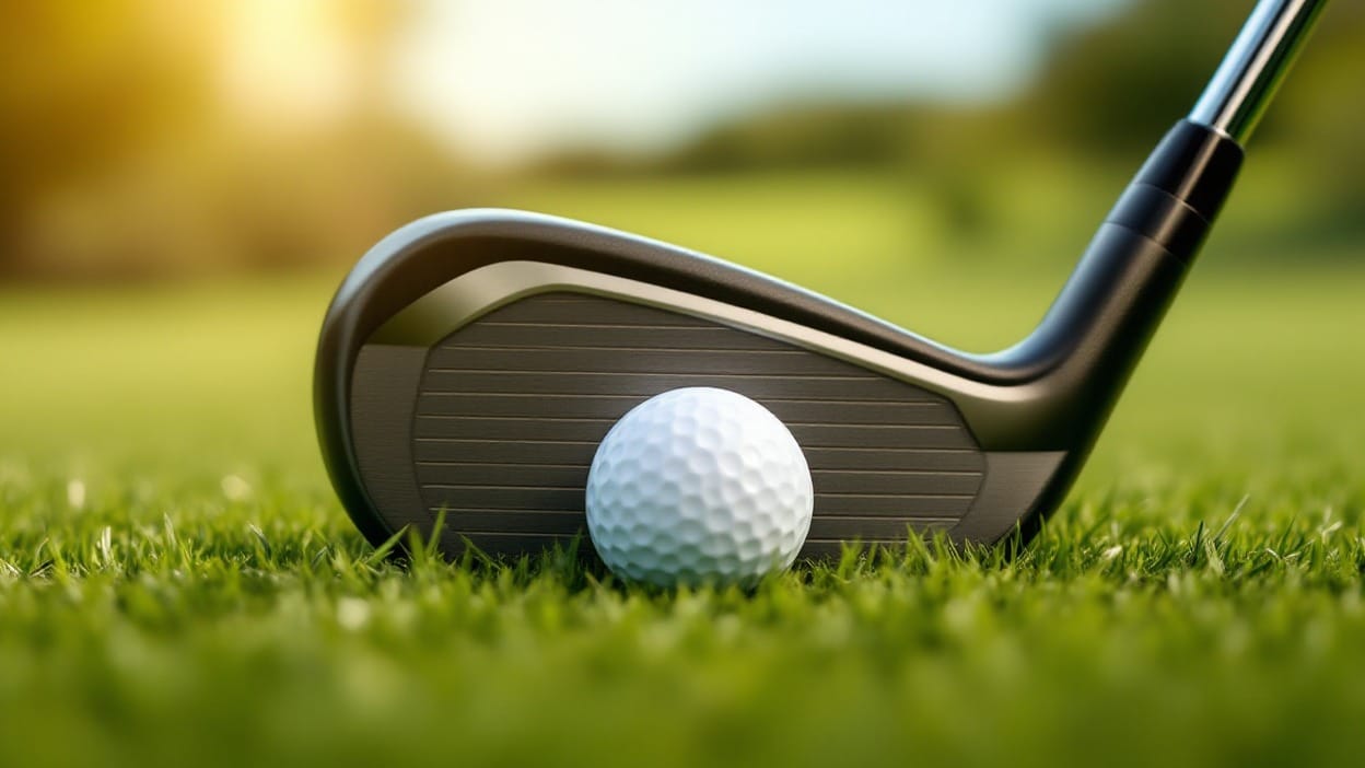 A rounded hybrid golf clubhead rests behind a golf ball on turf at address, soft morning sunlight and blurred green fairway beyond.
