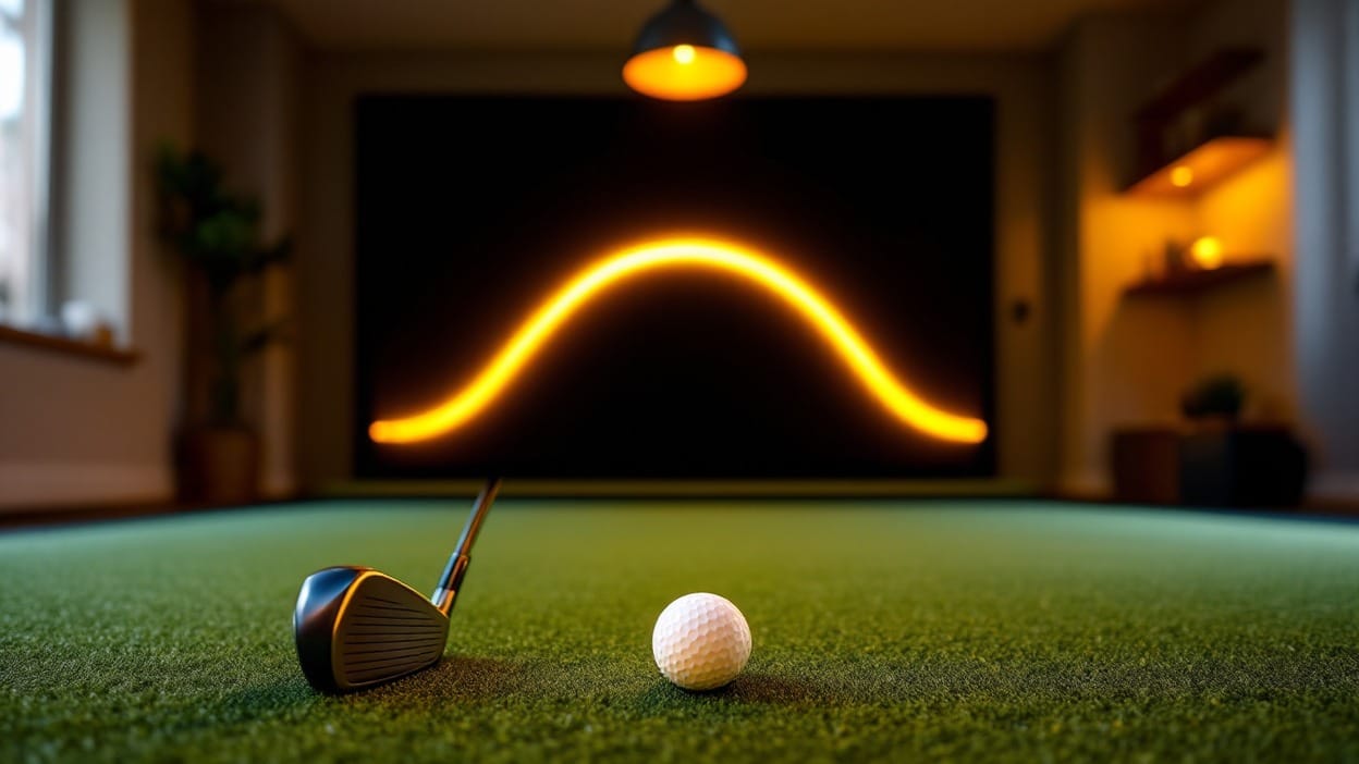 A low view down a hitting mat toward a glowing impact screen showing a single golden ball flight arc, in a warm, tidy home golf simulator bay.