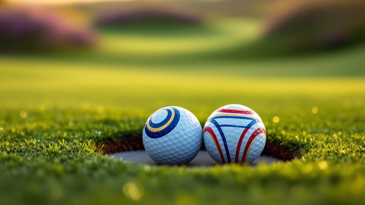 Two golf balls, one ringed navy and gold and one striped red, white, and blue, rest together at the cup on a dewy heathland green at dawn, evoking Europe versus USA at the Solheim Cup.