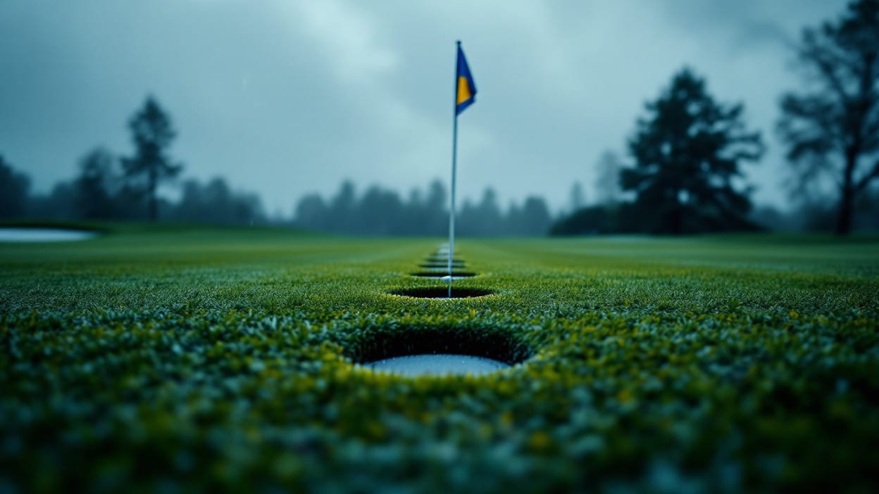 A line of golf holes leading toward a blue and gold flag