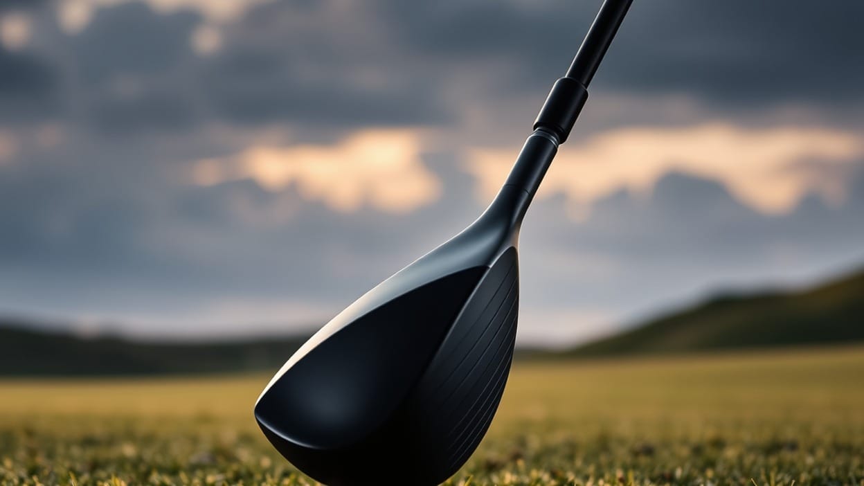 A golf driver silhouetted at dusk on a windswept coastal links tee.
