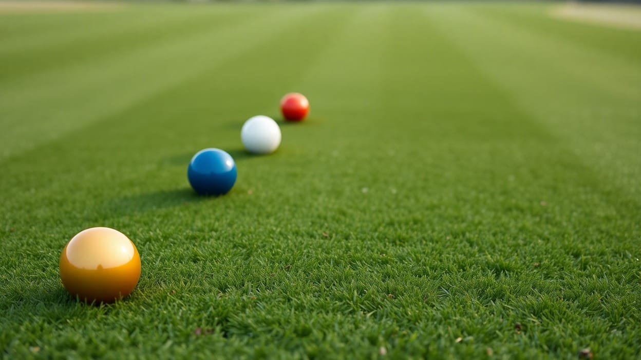 Four smooth colored marker balls, gold, blue, white, and red, set at increasing distances down a golf fairway, representing a choice of tee positions.