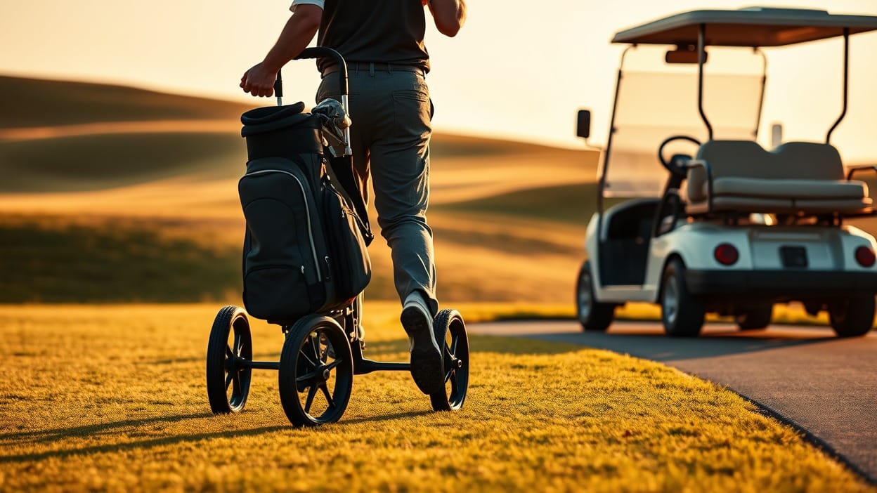 A golfer seen from behind pushing a push cart with a golf bag strapped on along a fairway, with a golf cart parked on the adjacent cart path in golden hour light.