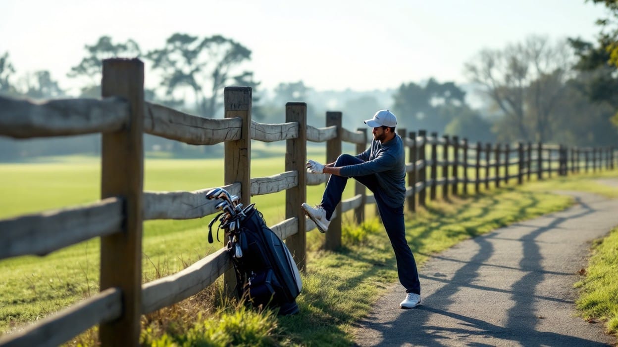 A golfer doing a dynamic leg-swing warm-up on a cart path with no driving range in sight.