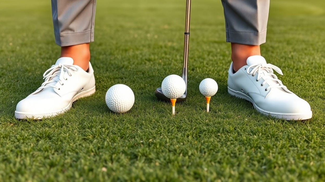 Face-on view of a golfer's feet on grass with three golf balls lined up between them: one resting on the turf, one teed low beside an iron clubhead, and one teed higher near the lead foot.