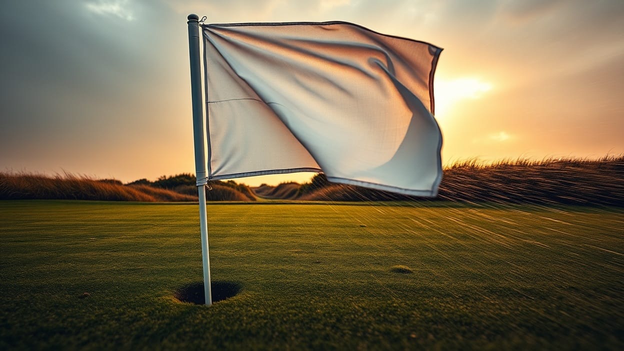 A plain white golf flag stretched flat by strong wind over an empty, rain-streaked putting green at sunset, the pin sitting untouched in the hole.