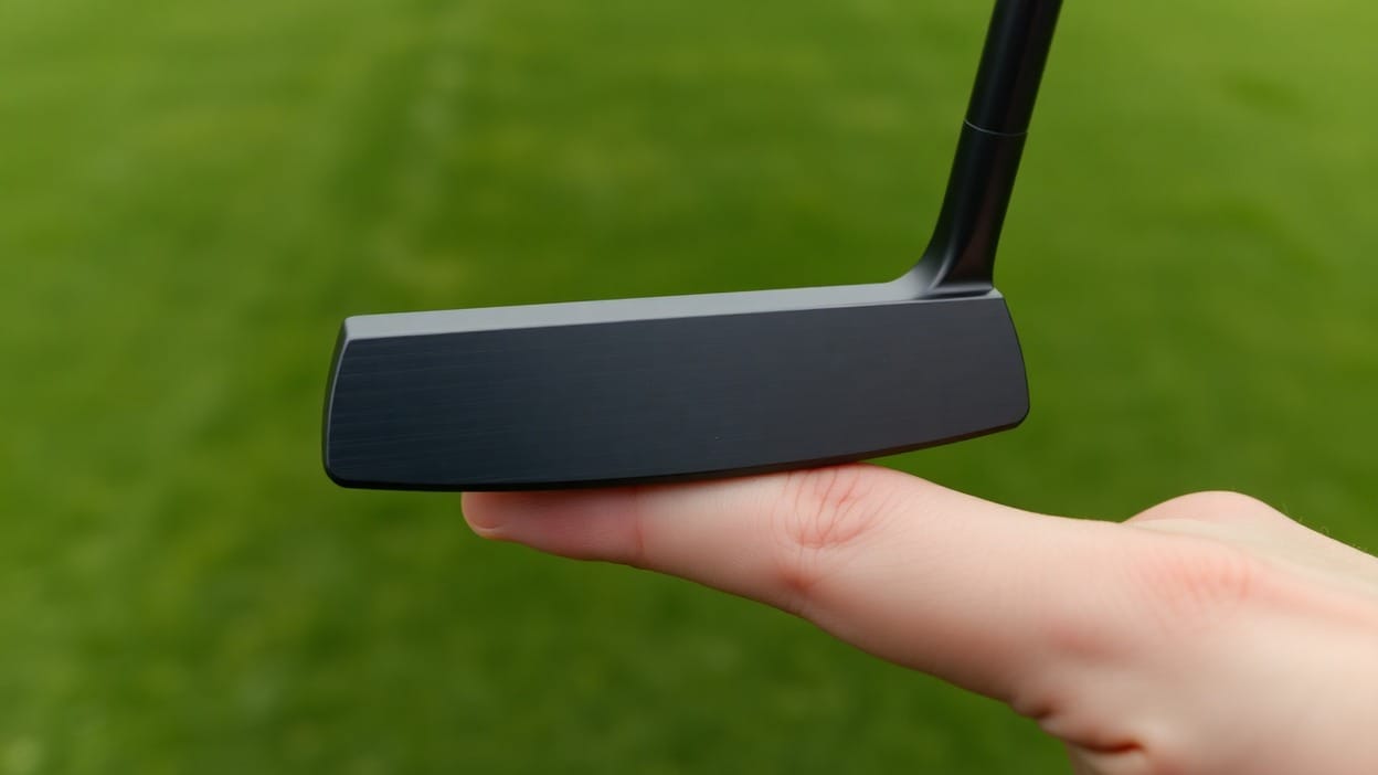 An unbranded black blade putter head resting flat on an outstretched finger in front of a blurred putting green.