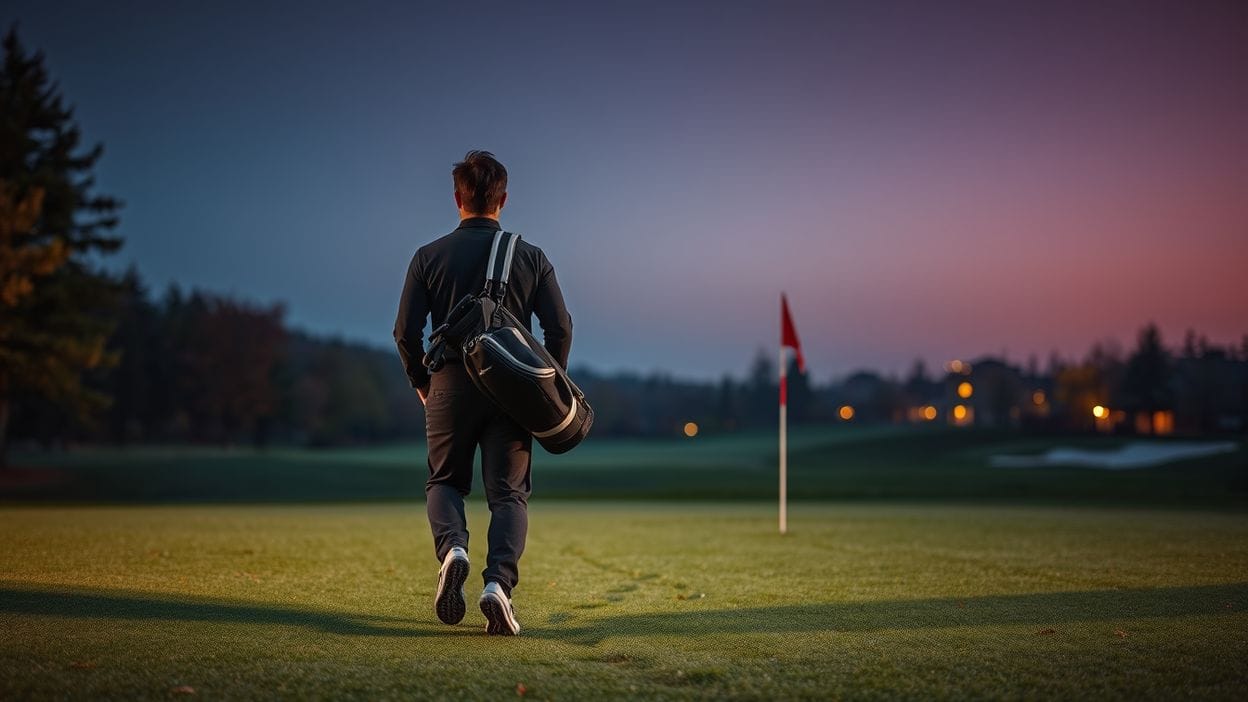 A golfer seen from behind carries a black golf bag across grass toward a red pin flag at dusk, with autumn trees and warm building lights blurred in the distance under a pink and blue sky.