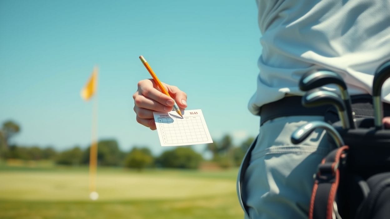 A hand holds an orange pencil over a small grid-ruled scorecard beside a golf bag with iron heads, with a yellow flag and green blurred in the background under a clear blue sky.