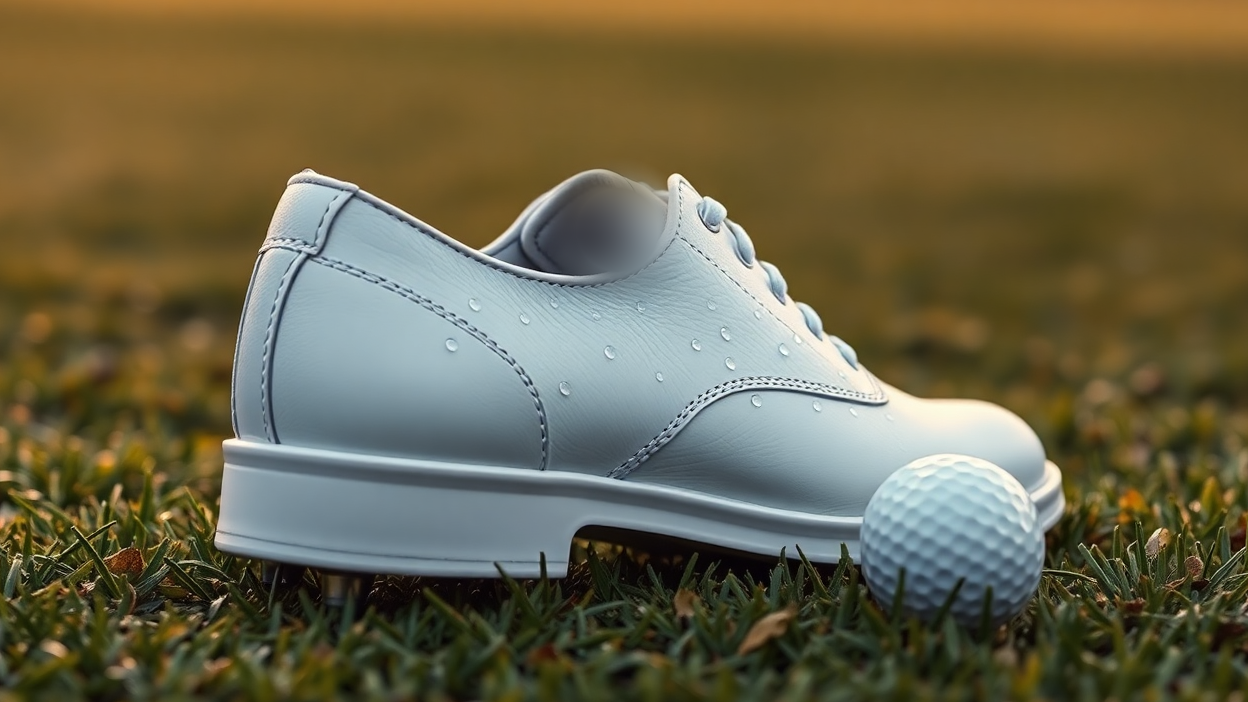 Side profile of a white leather golf shoe with laces and a stitched saddle panel, beaded with water droplets, standing in dewy grass beside a golf ball, blurred fairway behind it.