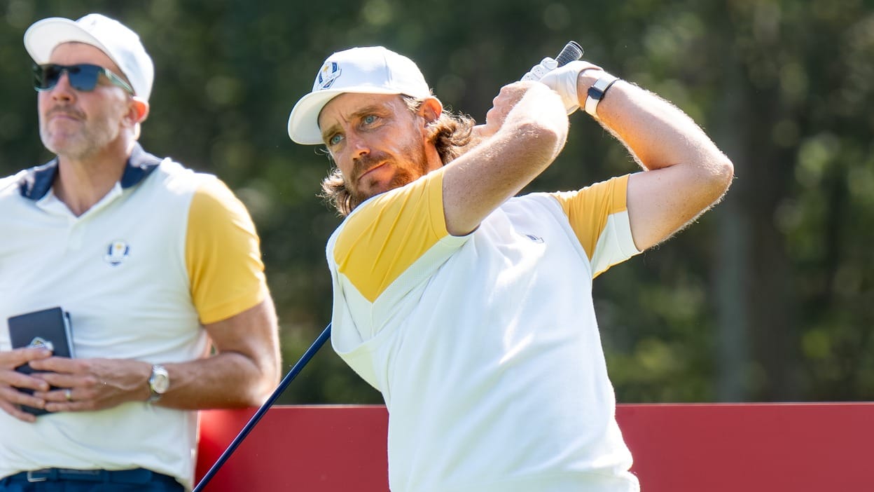 Tommy Fleetwood watches his tee shot at the 2025 Ryder Cup.