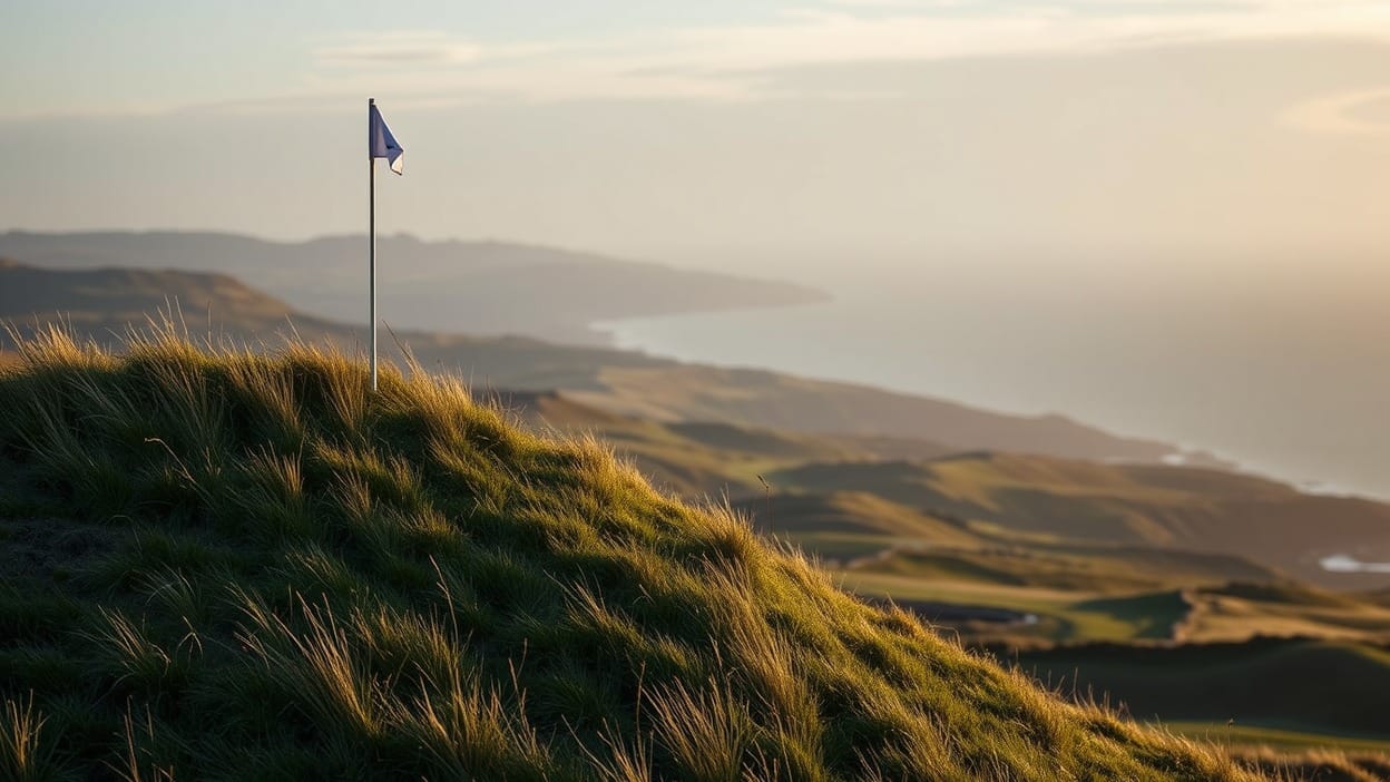 A single flagstick on a grassy coastal dune catching early morning sunlight, with a hazy coastline and sea stretching into the distance below.