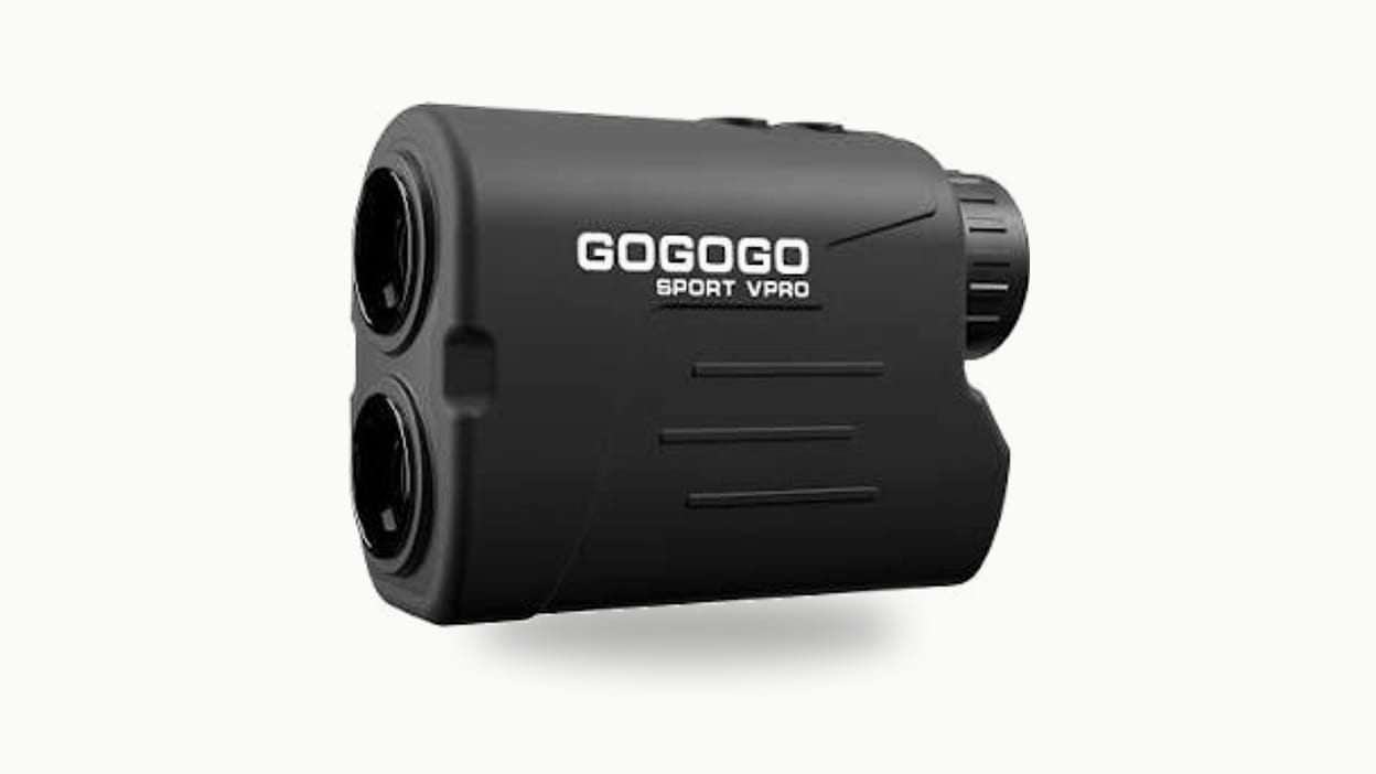 A black Gogogo Sport Vpro GS03 laser rangefinder at a three-quarter angle on white, with two lens apertures, an eyepiece dial, and the GOGOGO SPORT VPRO logo visible on its body.