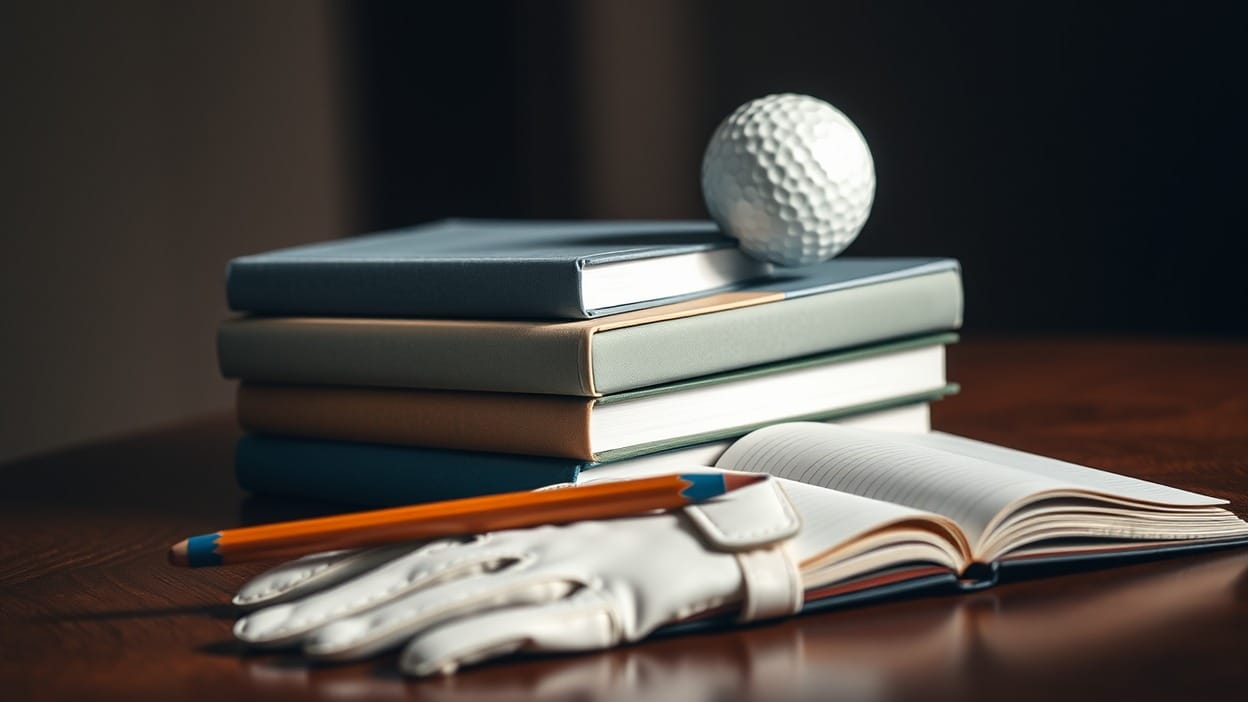 Still life of a small stack of plain hardcover and paperback golf books, a golf ball, pencil, and scorecard on a wooden table under warm light, with a leather glove edge in frame.