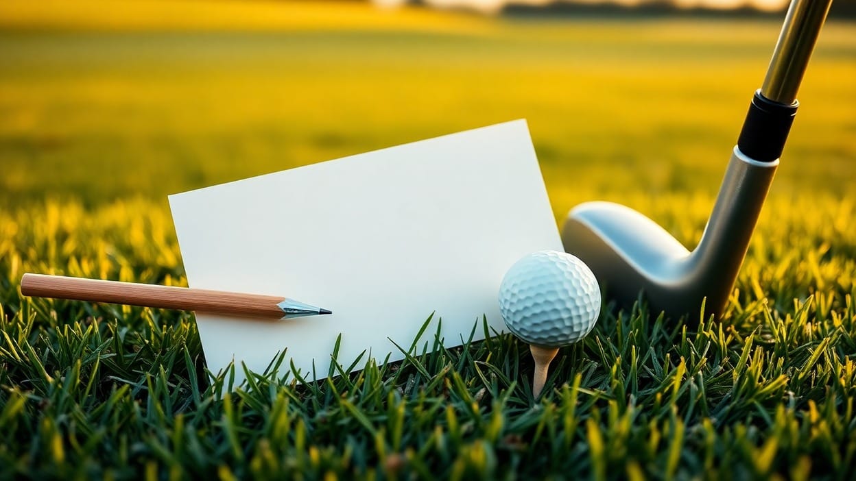 A blank golf scorecard and pencil resting on tee-box grass beside a golf ball, a tee peg, and the head of a golf club in warm evening light.